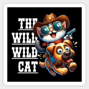 Cartoon Cowboy Cat Riding on Dog - The Wild Wild Cat Sticker